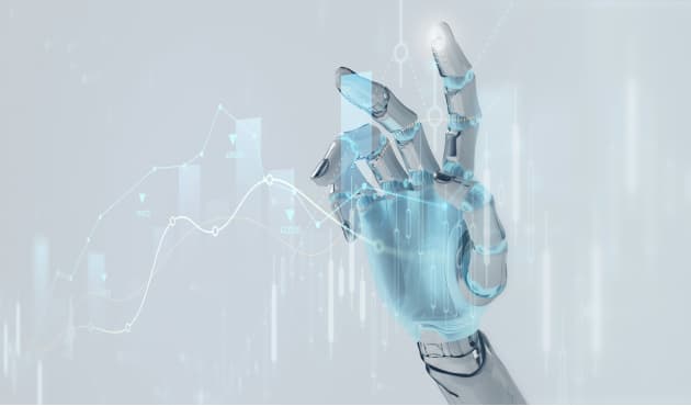 A futuristic robotic hand interacting with digital financial charts.