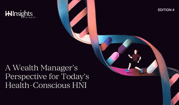 An illustration featuring a runner, medical capsules and a colourful DNA double helix against a dark background.