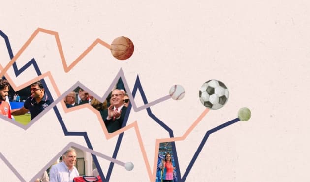 An image with photographs of sports investors and business leaders, sporting equipment, and intersecting financial graphs.