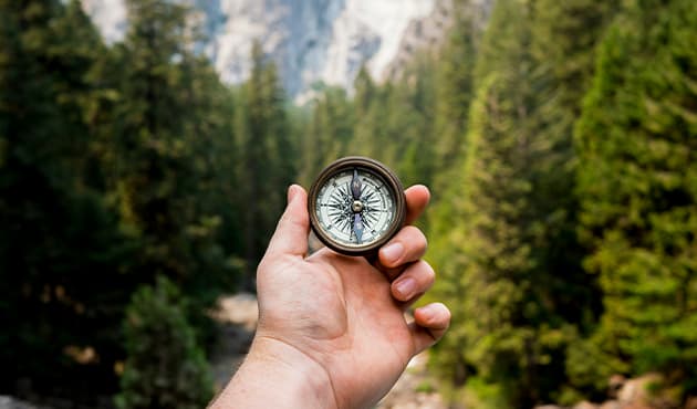 A hand holding a compass against a scenic background