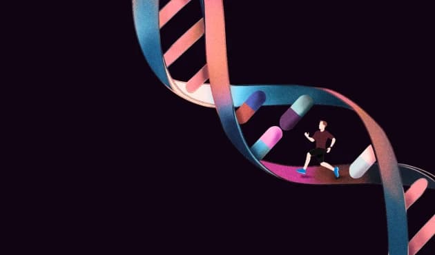An illustration featuring a runner, medical capsules and a colourful DNA double helix against a dark background.