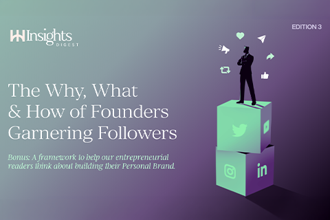 An illustration of an entrepreneur standing on top of stacked blocks, representing social media platforms, with engagement icons against a purple and mint-green background.