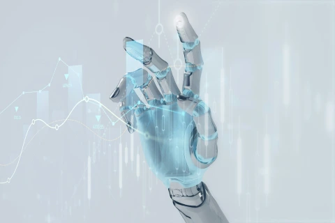 A futuristic robotic hand interacting with digital financial charts.