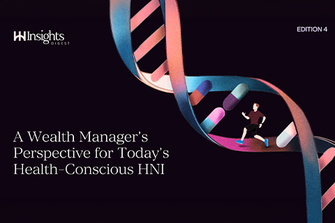 An illustration featuring a runner, medical capsules and a colourful DNA double helix against a dark background.